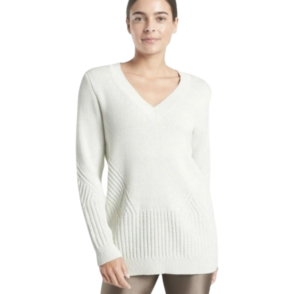 Athleta Sweater Teton V-neck Chunky Oversized Cotton Tunic Woven Dove Cream S